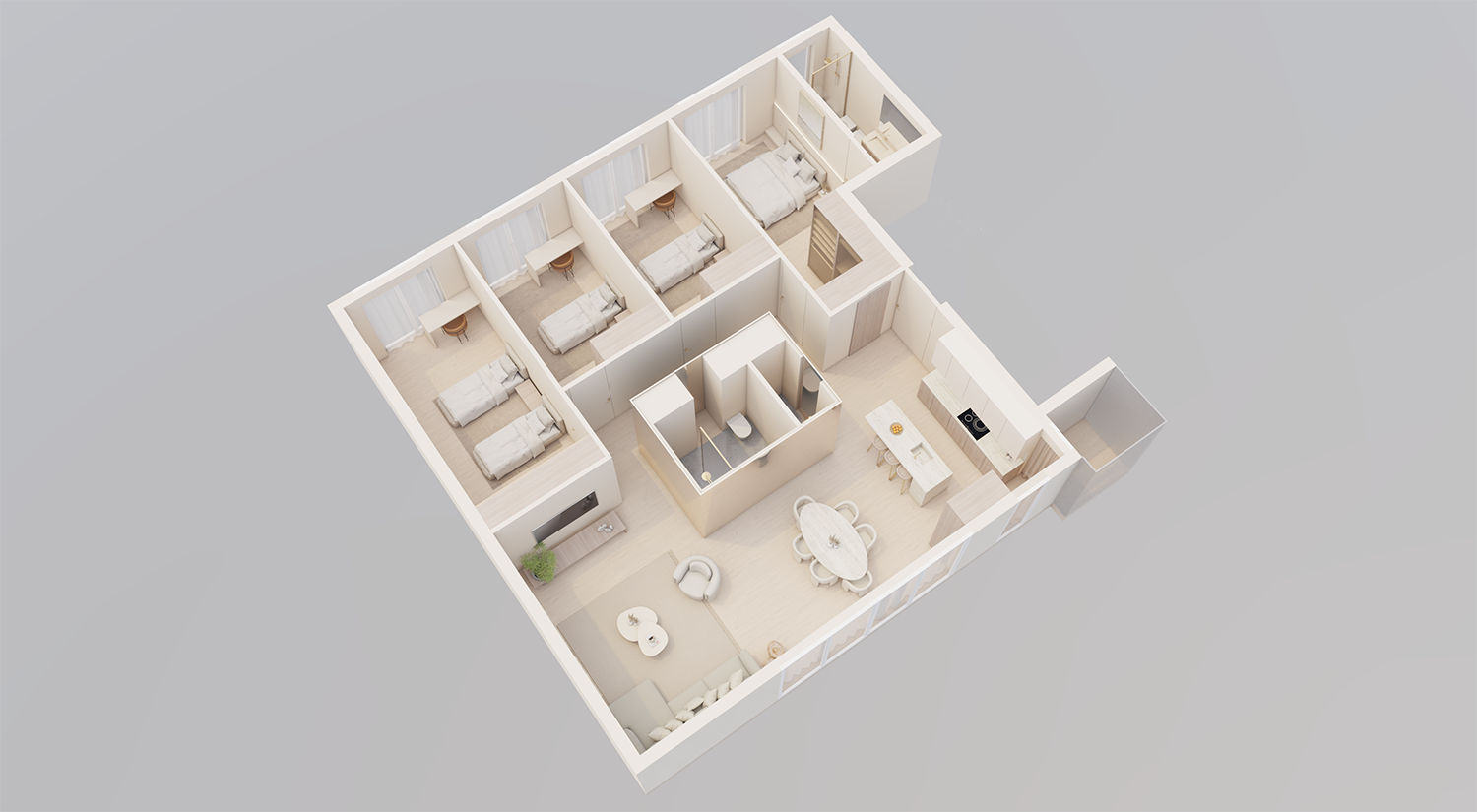 Vista 3D 3 de la Vivienda Tipo 1